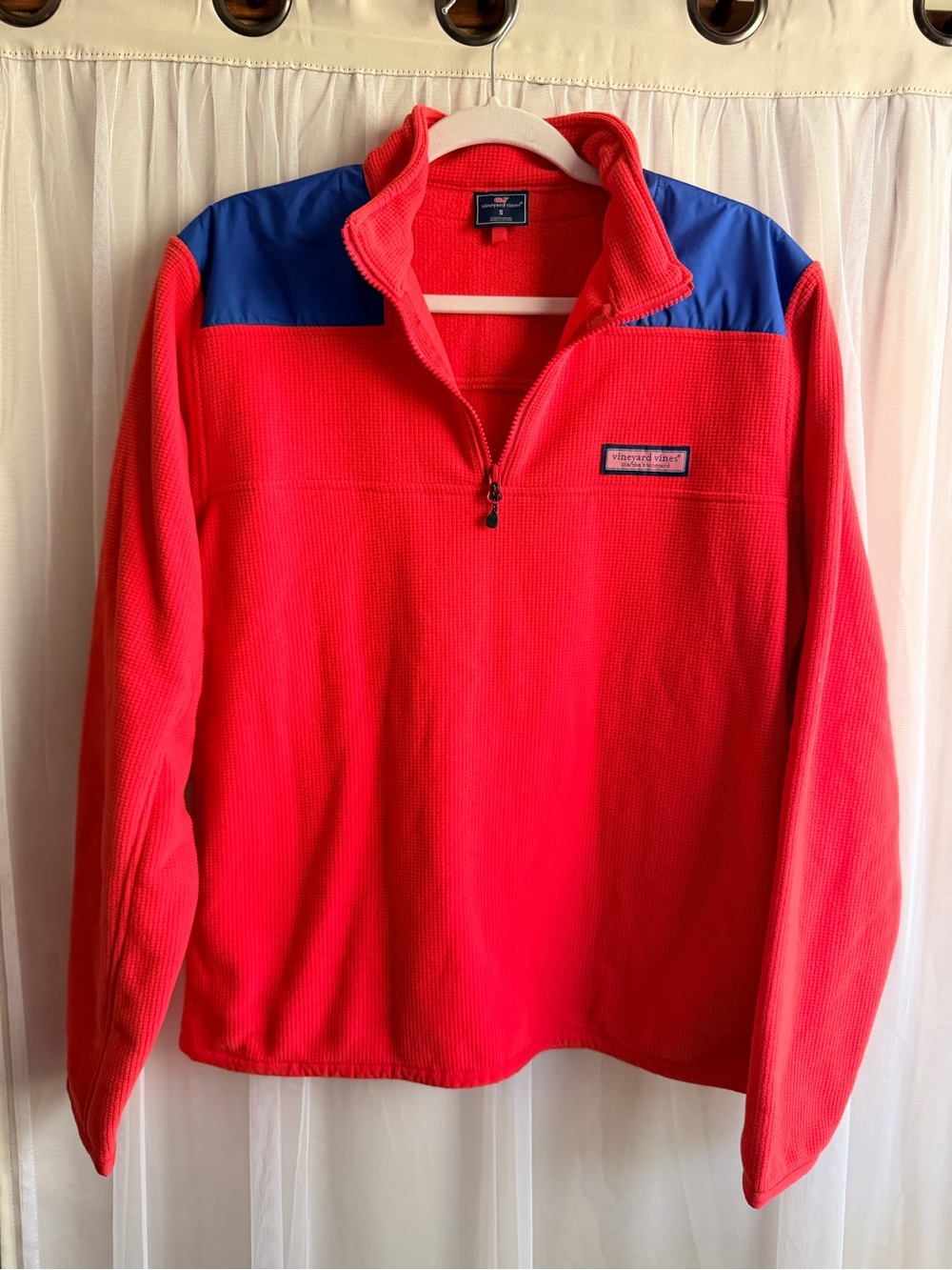 Vineyard Vines Red Quarter-Zip waffle top with Blue Shoulder Yoke Women’s